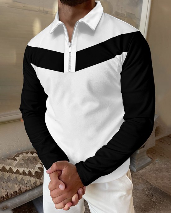 Contrast Color Long Sleeve Polo Shirt