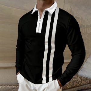 Parallel Bar Stripe Long Sleeve Polo Shirt